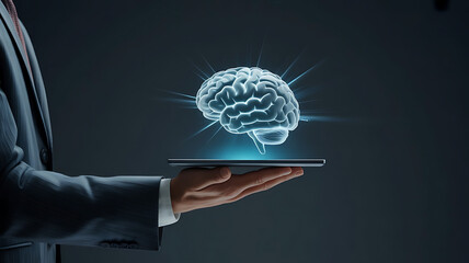 Businessman holding a glowing holographic brain projection above a smartphone in a modern office