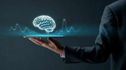 Businessman holding a tablet displaying a glowing digital brain with neural network connections and data waves