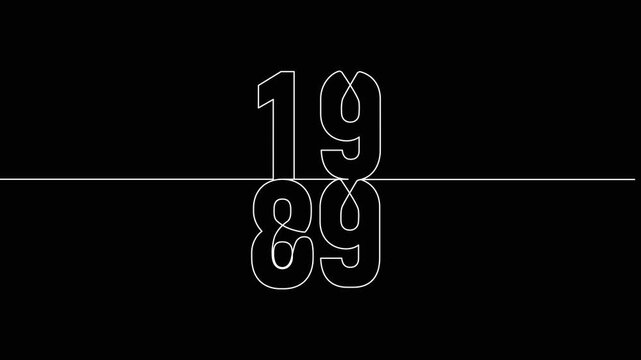 1989 year continuous line art clip self drawing animation on white black background. vertically single one line art outline illustration 1989 year numbers video