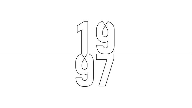 1997 year continuous line art clip self drawing animation on white black background. vertically single one line art outline illustration 1997 year numbers video