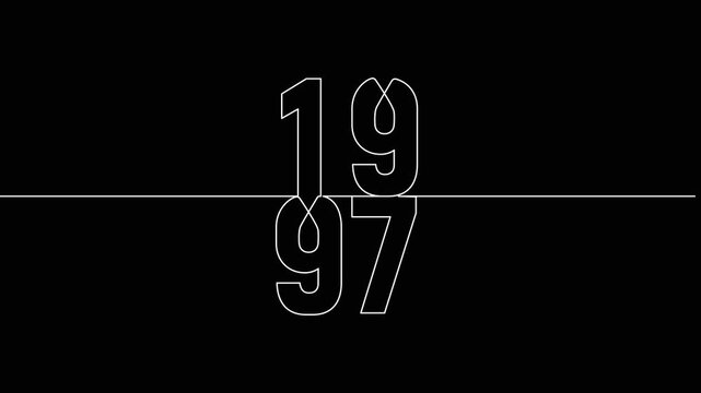 1997 year continuous line art clip self drawing animation on white black background. vertically single one line art outline illustration 1997 year numbers video