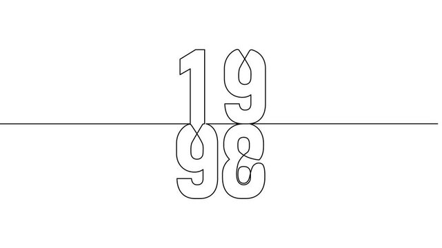 1998 year continuous line art clip self drawing animation on white black background. vertically single one line art outline illustration 1998 year numbers video