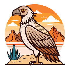 Eagle bird wildlife cartoon vector illustration head on a branch with wings spread wide.