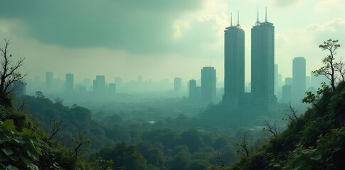 A desolate cityscape choked by smog and overgrown with thorny vines, dilapidated skyscrapers pierce a perpetually overcast sky, hinting at a dystopian future , gloom, thorns, abandoned buildings
