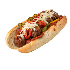 A whole single beef meatball sub isolated on a transparent background