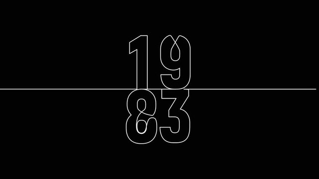 1983 year continuous line art clip self drawing animation on white black background. vertically single one line art outline illustration 1983 year numbers video