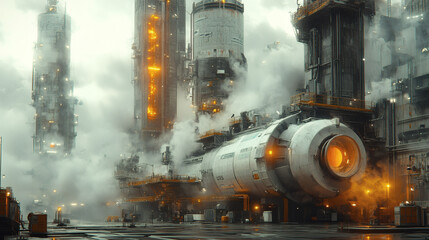 Design a clean-tech factory surrounded by digital infrastructure