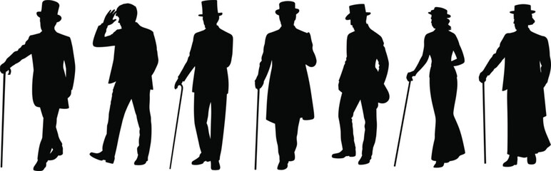 Victorian silhouettes, elegant men and women, formal attire, vintage fashion, top hats, canes, historical clothing, classic style, black illustration, timeless elegance