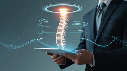 Businessman holding a smartphone displaying a glowing futuristic data stream and financial charts