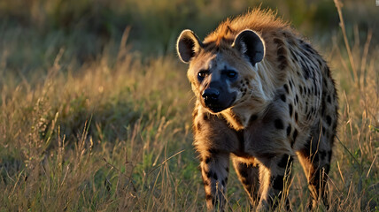 As the first light breaks, the Hyena steps carefully through the tall, dew-covered grass