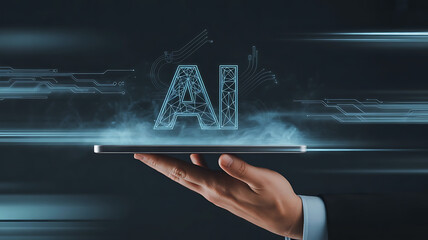 Human hand holding a smartphone displaying a glowing ai symbol with digital data streams and light trails