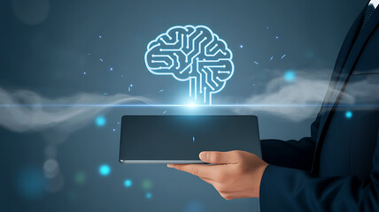 Businessman holding a tablet displaying a glowing digital brain with futuristic technology and data streams