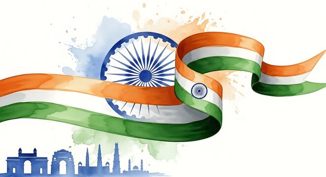 Artistic watercolor illustration of the Indian tricolor flag waving over a silhouette of national monuments, celebrating freedom and heritage.