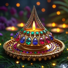 Elegant jeweled Diya with multicolored gemstones and golden base glowing in festive light – AI-Generated
