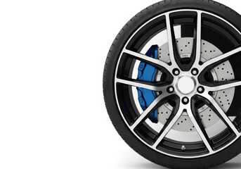 Obraz premium Closeup of a car wheel with alloy rim and blue brake caliper