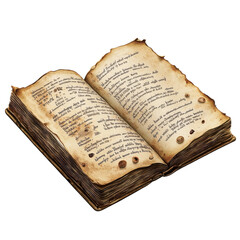 Ged open book with handwritten script, vintage manuscript with worn pages, perfect for historical themes and fantasy storytelling projects on transparent background