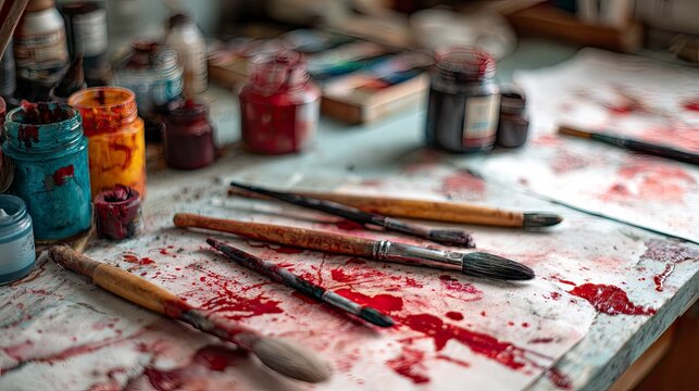 Colorful paint brushes and supplies on art table