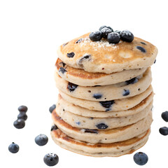 A whole single blueberry pancake stack isolated on a transparent background