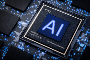 Close-up of an artificial intelligence microchip. Robotics. Mind. AI. Artificial intelligence generates content. AI for controlling a robot. AI writes program code. 3D render.