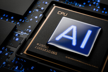 Close-up of an artificial intelligence chip. AI for controlling a robot. Robotics. Mind. AI. Artificial intelligence generates content. AI writes program code. 3D render.