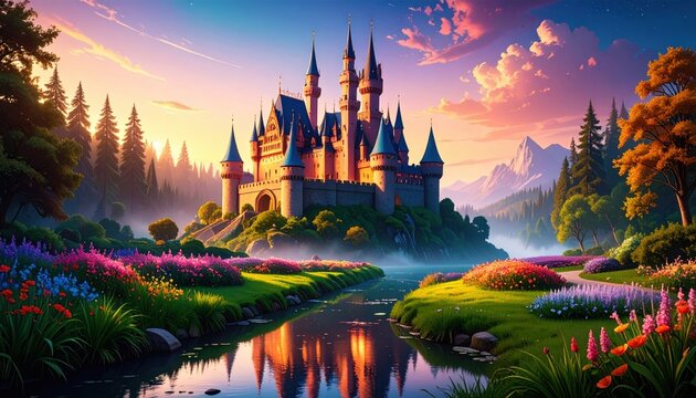 Pixelized Fantasy Castle at Sunset With Colorful Flowers and River Reflection