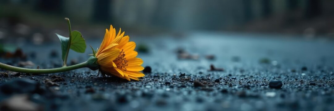 A somber scene depicting a single, wilted flower lying on cold, hard ground, symbolizing loss and the fragility of life The image evokes feelings of grief and mortality , stem, death, finality
