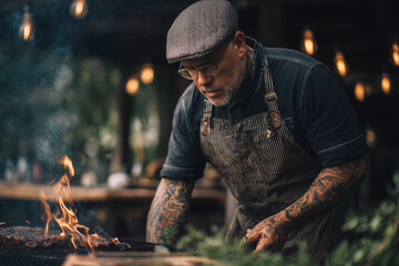 Portrait of middle age man pit master in texas barbecue restaurant, Selective focus chef in grilled station, Chef cooking with smoked brisket and steak.