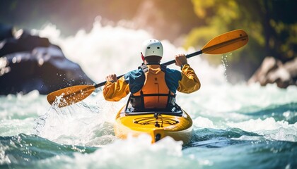 Man Kayaking Through Rapids In Whitewater River