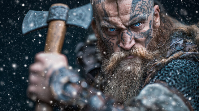 A male viking man in the cold snow with facial tattoos and his axe. A photo realistic portrait.