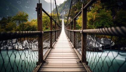 Wooden Suspension Bridge Over Mountain River