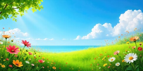 A vibrant summer scene depicting lush green grass, bright wildflowers, and a clear blue sky, suggesting the feeling of moving to a new summer home or vacation destination , escape, bright