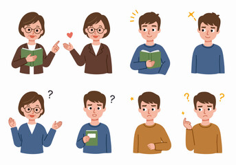 Educational interaction between an older woman and a young man, depicting concepts of teaching, learning, and emotional responses.