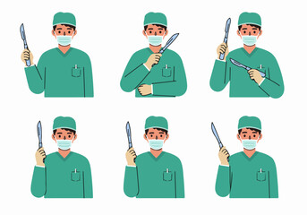 A collection of illustrations showing male surgeons in scrubs and surgical caps with face masks, holding scalpels in various poses, ready for medical operations.