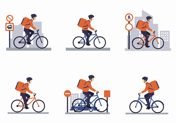 Obraz premium Collection of flat vector illustrations depicting a delivery rider on a bicycle navigating various urban scenarios and traffic situations.
