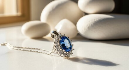 Exquisite Blue Sapphire and Diamond Halo Pendant in Warm Sunlight