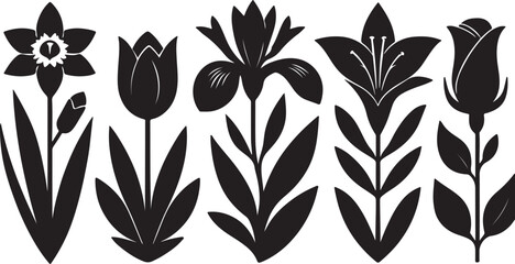 Black silhouette floral collection with five distinct flowers