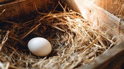White egg nestled in a bed of straw.