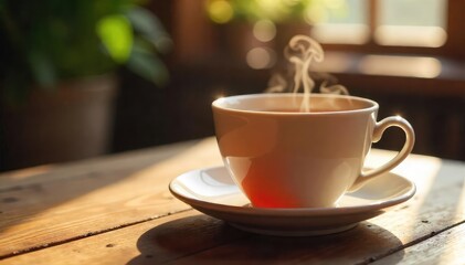 Close-up of a steaming cup of tea on a wooden table, soft light, cozy atmosphere Perfect for relaxation and warmth themes , hot, tranquil, stress relief