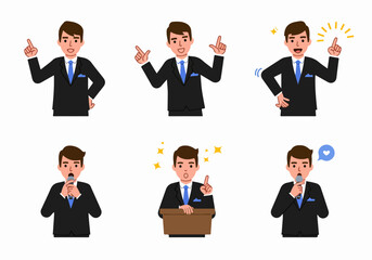 Confident businessman and speaker character set illustrating various presentation poses, pointing gestures, and public speaking actions for business communication and announcement.