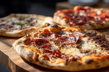 Close up shot fresh baked pizza from firewood oven with grilled mark, Selective focus various flavor pizza on dining table.