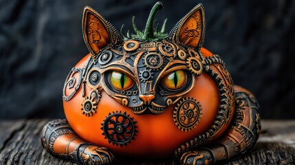 Steampunk cat tomato, intricate gears and metal adornments