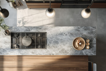 Top view modern kitchen design with functional layout, Minimal and modern design of kitchen in apartment, Contemporary kitchen with dining table and counter bar, Fine dining restaurant .