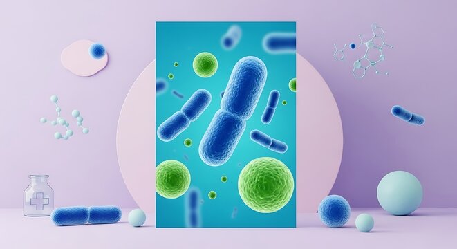 Microscopic World: Bacteria, Molecules, and Medical Elements in a Stylized Scene