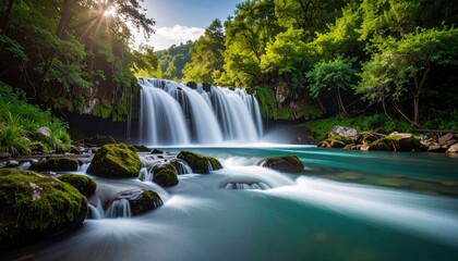 Fototapeta premium Stunning Waterfall in Lush Green Forest