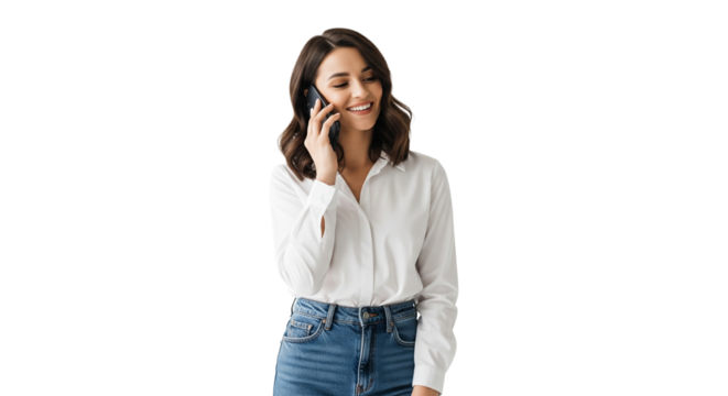 Brünette Frau – Smartphone am Ohr, transparenter Hintergrund, PNG