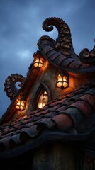 Obraz premium Fantasy house with octopus roof at dusk