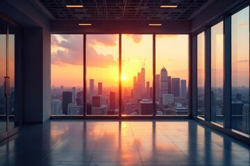 Modern Empty Office Space at Dusk, Bathed in Golden Light, Showcasing Stunning Cityscape Views ? Perfect for Corporate Real Estate and Architectural Presentations