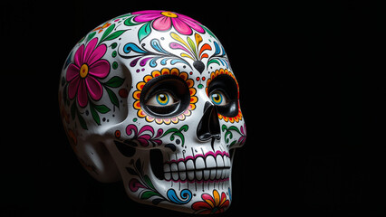 Decorative Sugar Skull on Black Background