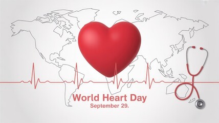 Red heart and stethoscope on world map with heartbeat line world heart day 2025 2026 image poster banner label social media post t shirt design logo vector download