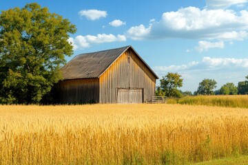 Wooden barn by wheat field